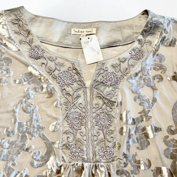Indigo Soul Burnout Velvet Tunic Top Plus 3XL NWT Champagne Gray Boho Party Glam - Picture 5 of 9
